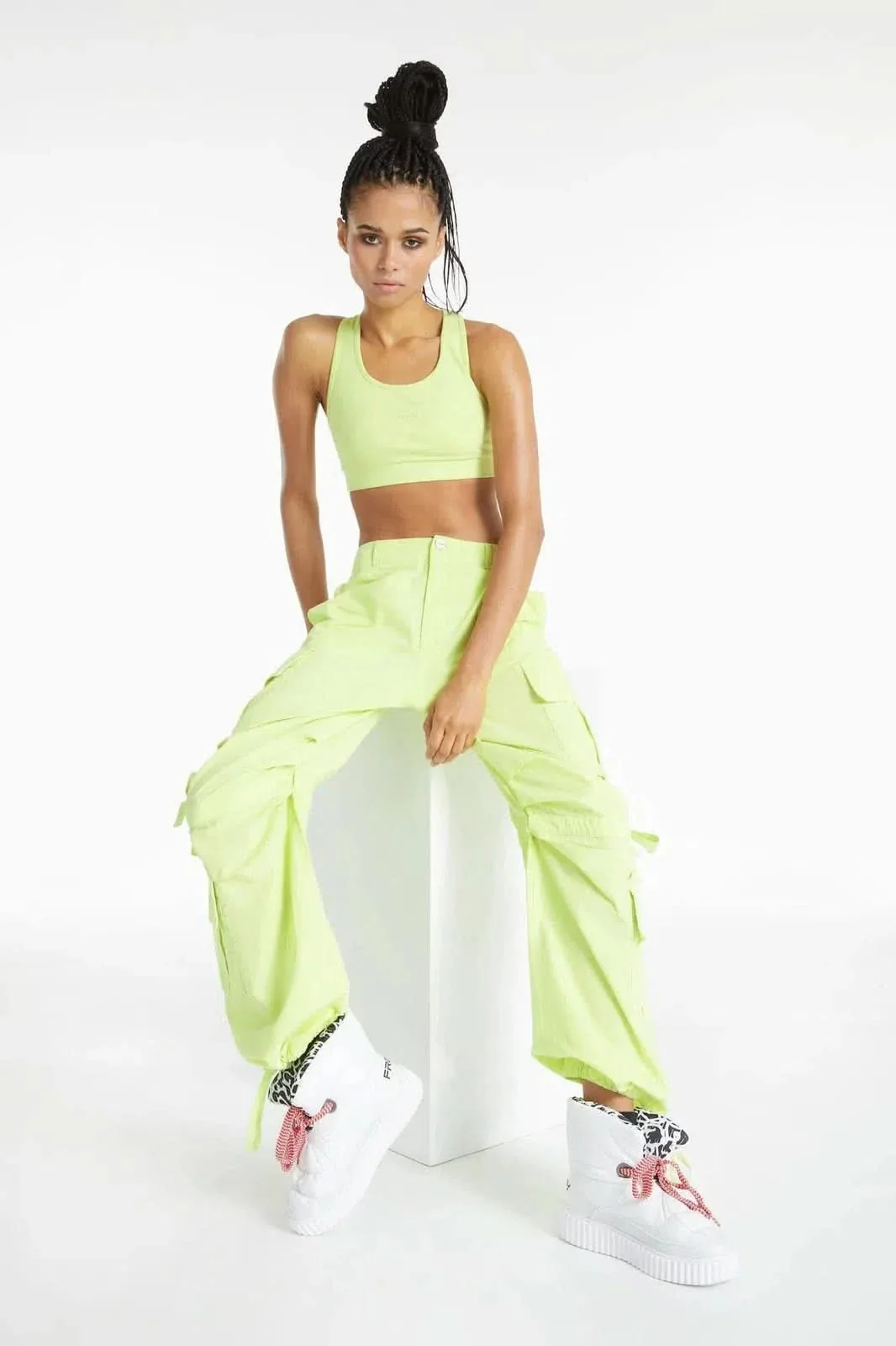 Cargo Trousers - High Waisted - Full Length - Lime Green - Image 4