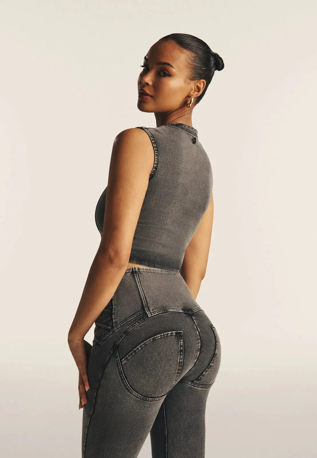 Cropped Tank Criss Cross Detail - Dark Grey Denim - Image 3