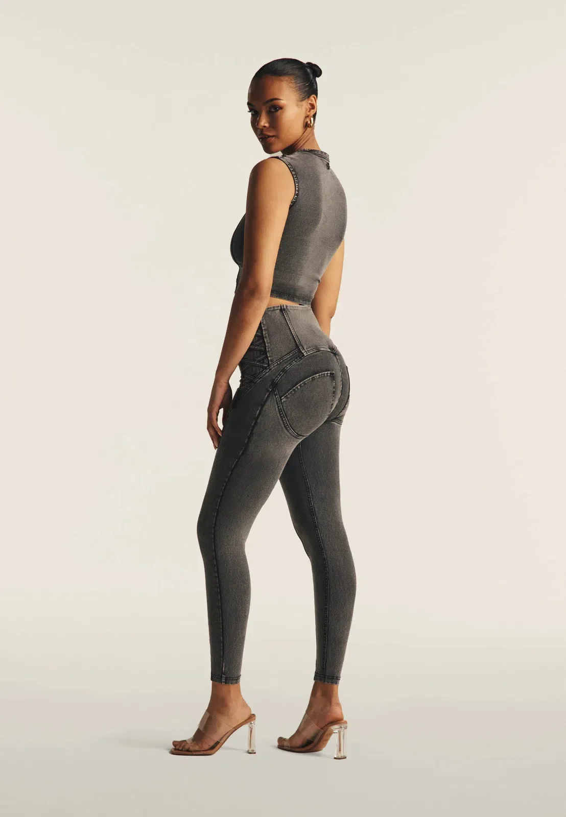 Cropped Tank Criss Cross Detail - Dark Grey Denim - Image 4