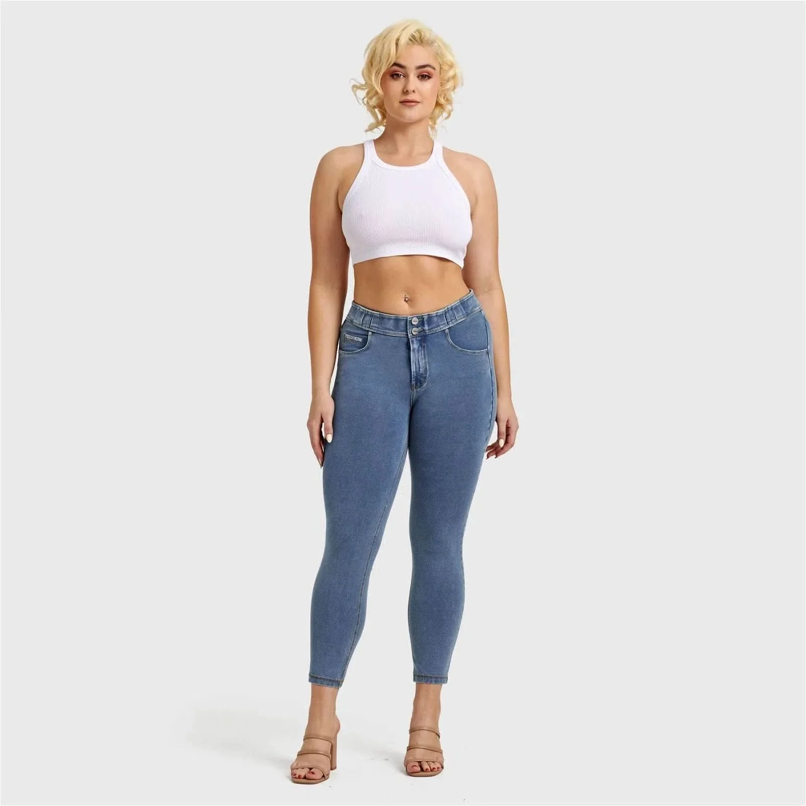 N.O.W® Denim - High Waisted - 7/8 Length - Light Blue + Yellow Stitching - Image 16