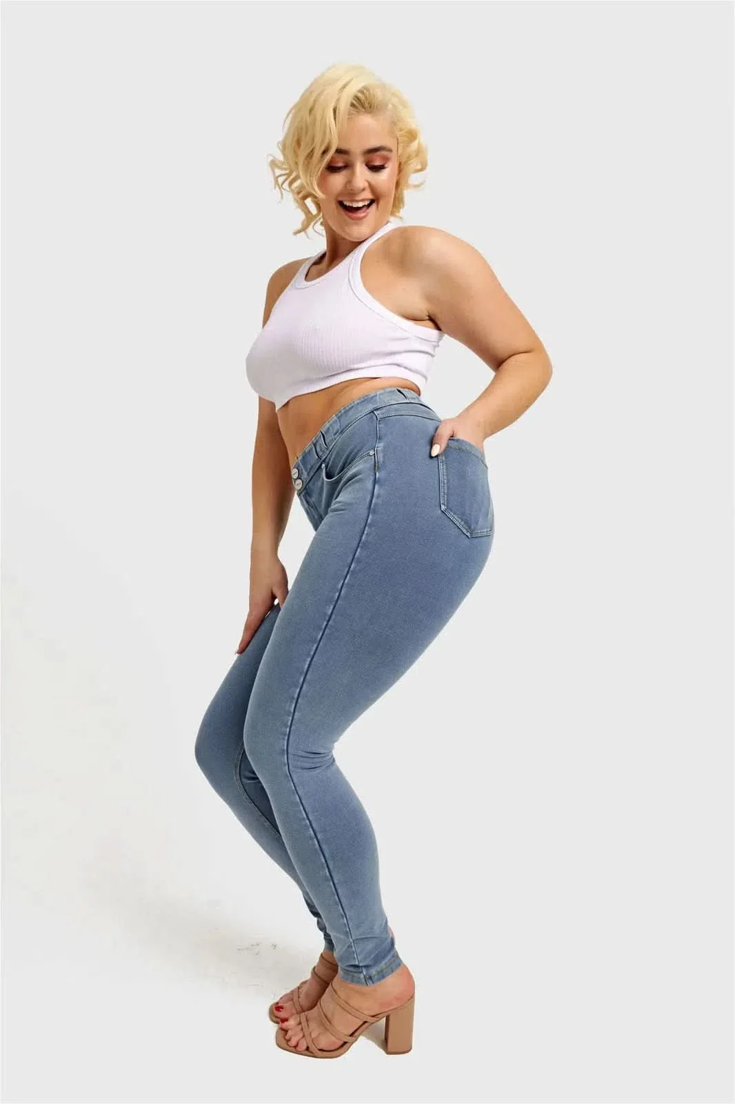 N.O.W® Denim - High Waisted - Full Length - Light Blue + Yellow Stitching - Image 15