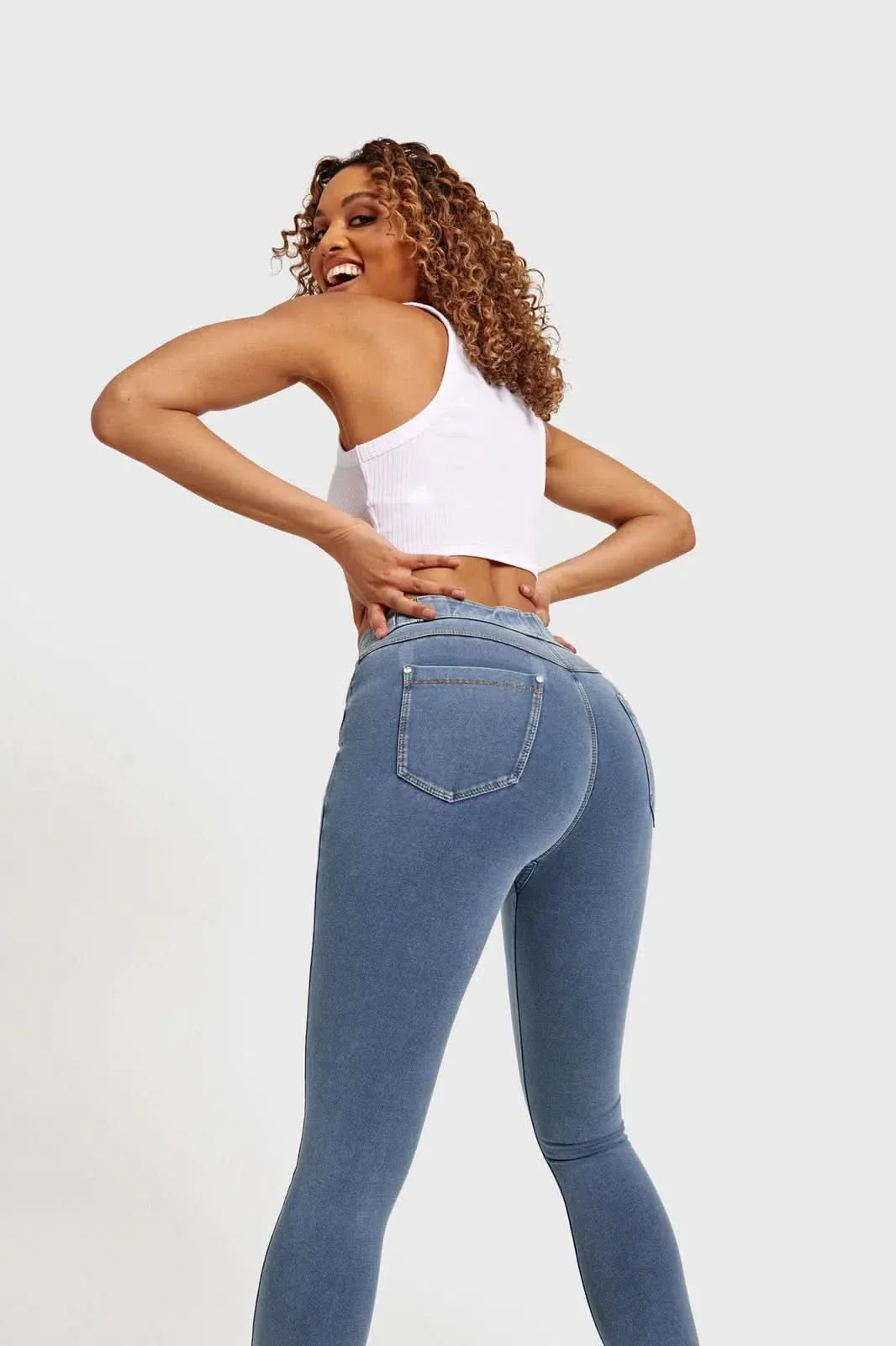 N.O.W® Denim - High Waisted - Full Length - Light Blue + Yellow Stitching - Image 4