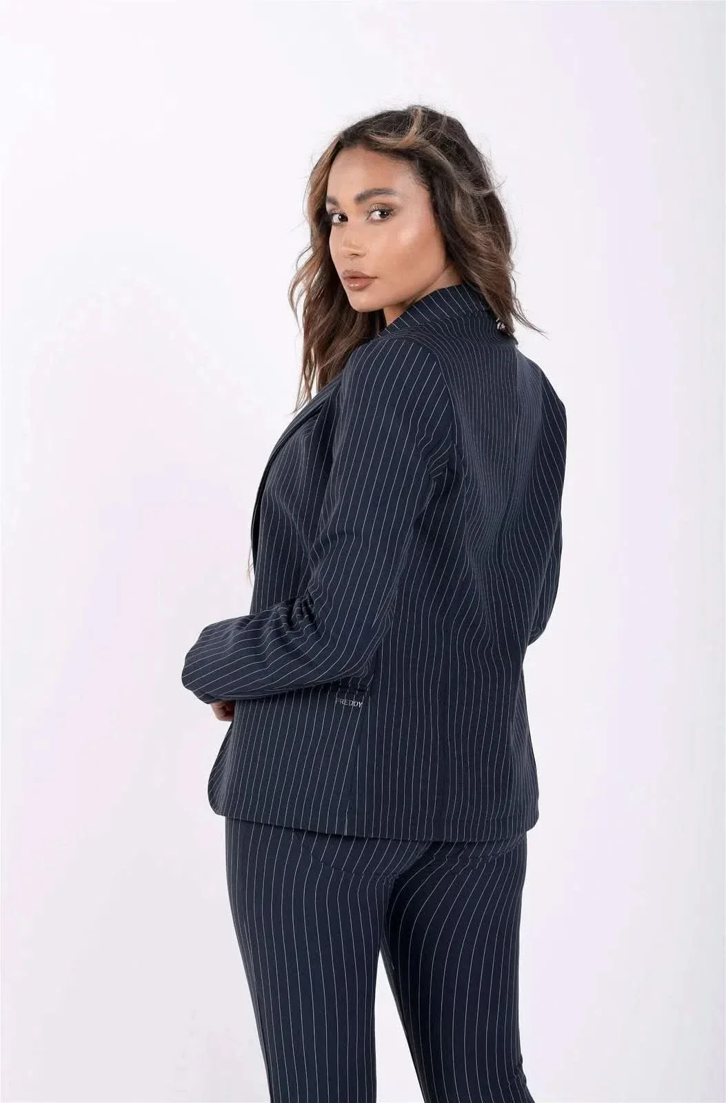 Made In Italy Pinstripe Suit Blazer - Navy Blue + White - Image 5