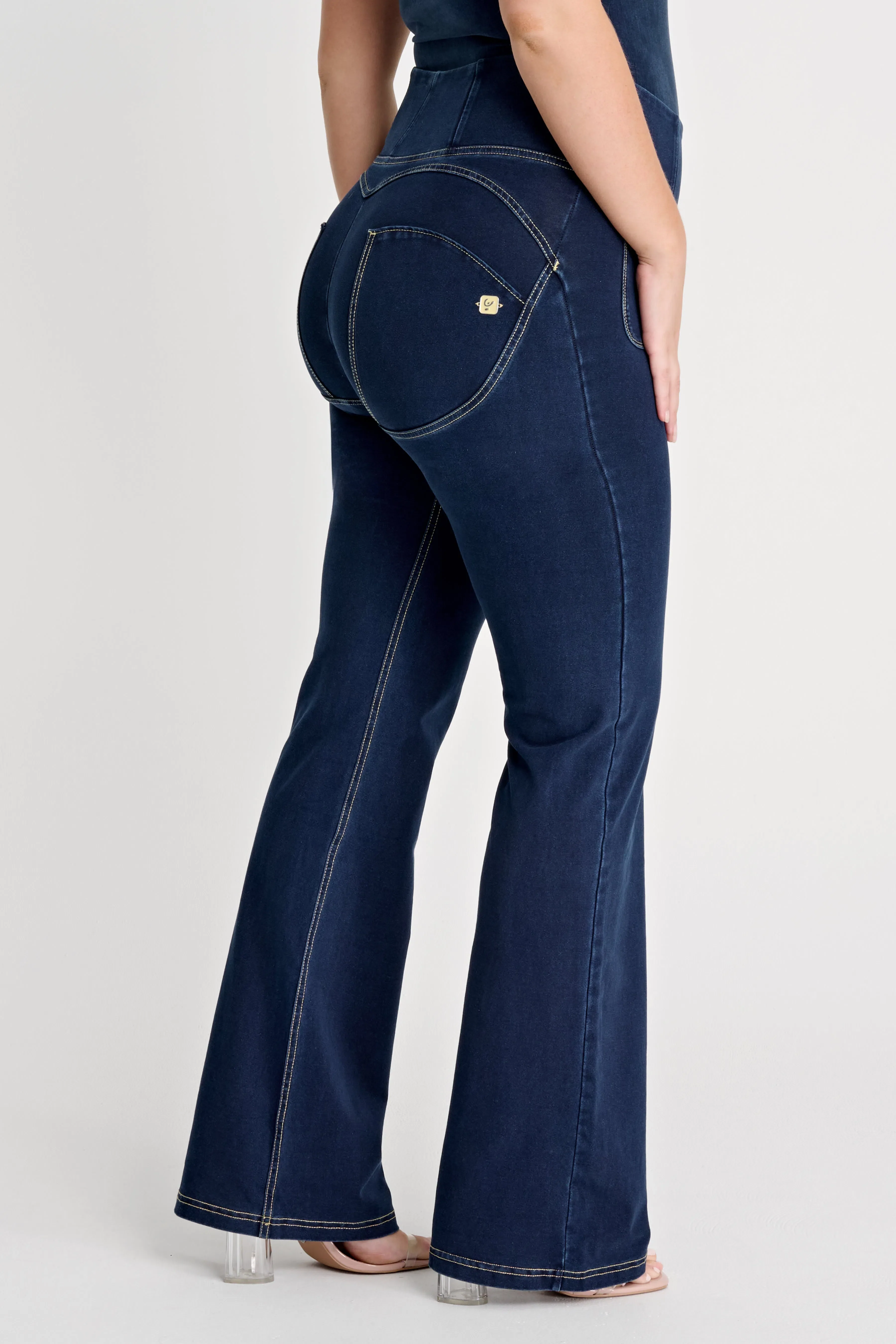 WRUP Denim with Front Pockets - Super High Waisted - Flare - Dark Blue + Beige Stitching - Image 5