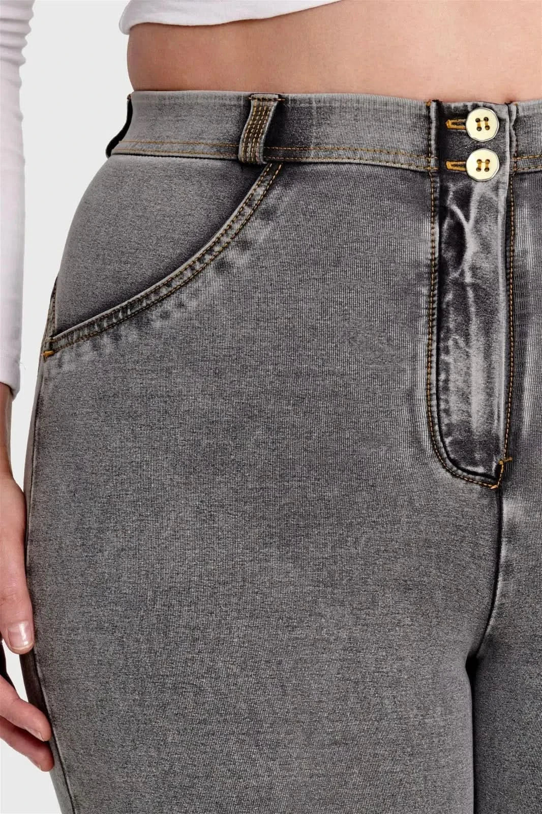 WRUP Curvy Denim - High Waisted - Full Length - Grey + Yellow Stitching - Image 8