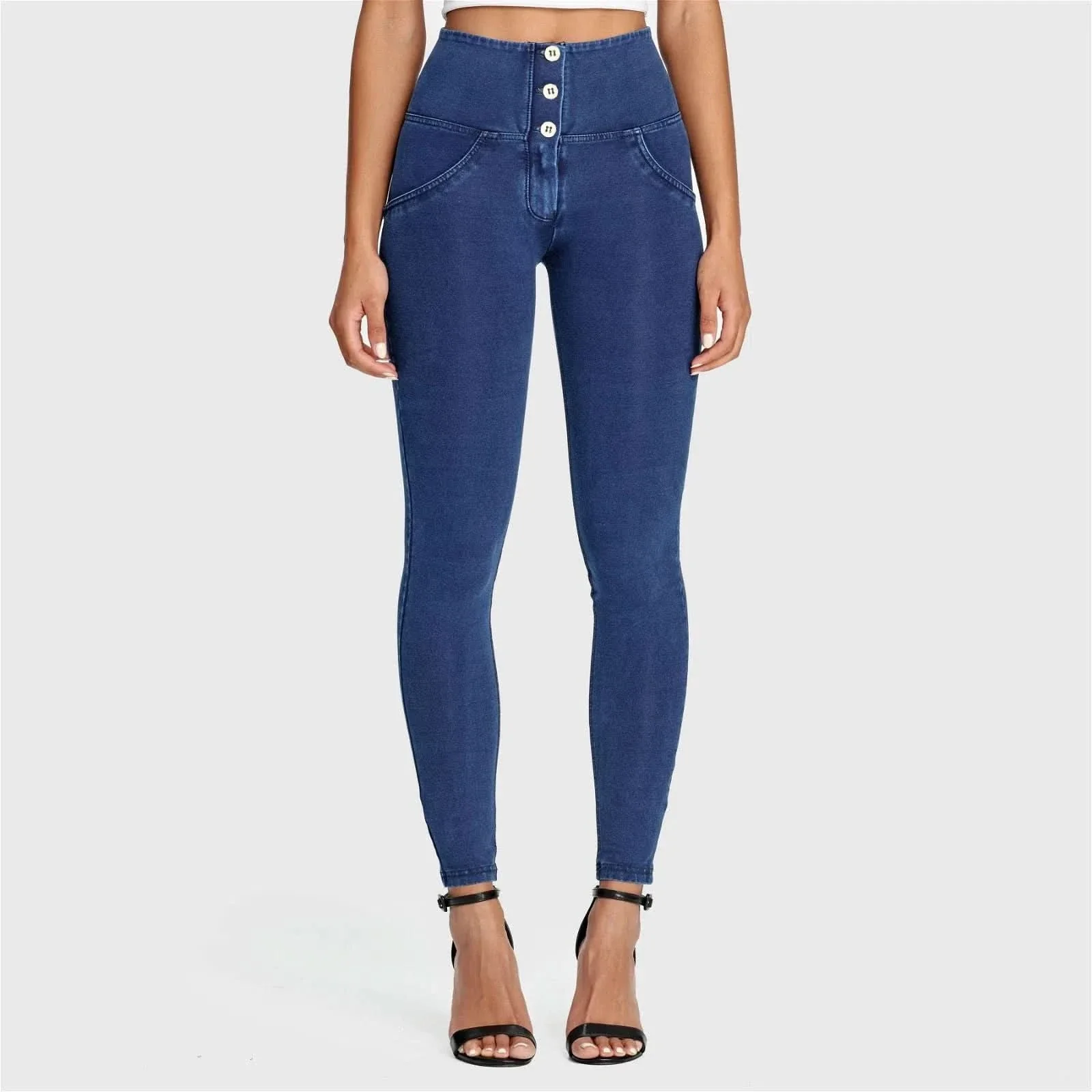 WRUP Denim - 3 Button High Waisted - Full Length - Dark Blue + Blue Stitching