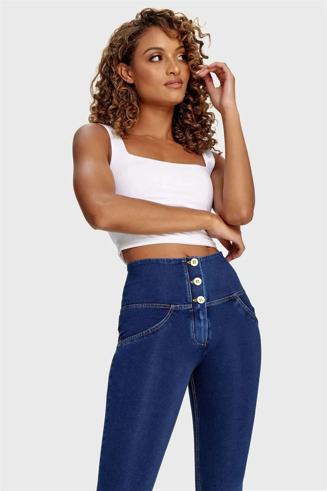 WRUP Denim - 3 Button High Waisted - Full Length - Dark Blue + Yellow Stitching - Image 3