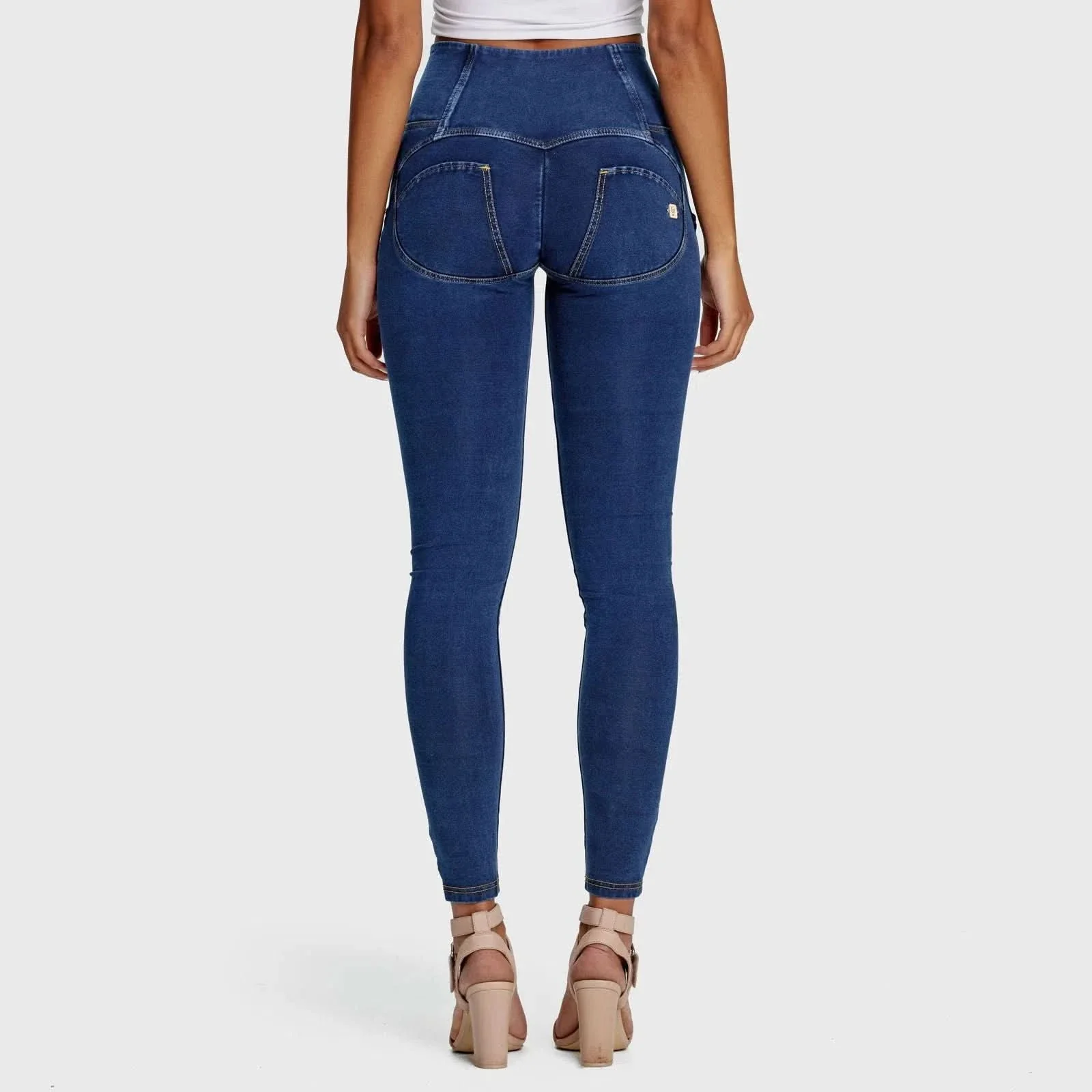 WRUP Denim - 3 Button High Waisted - Full Length - Dark Blue + Yellow Stitching - Image 8