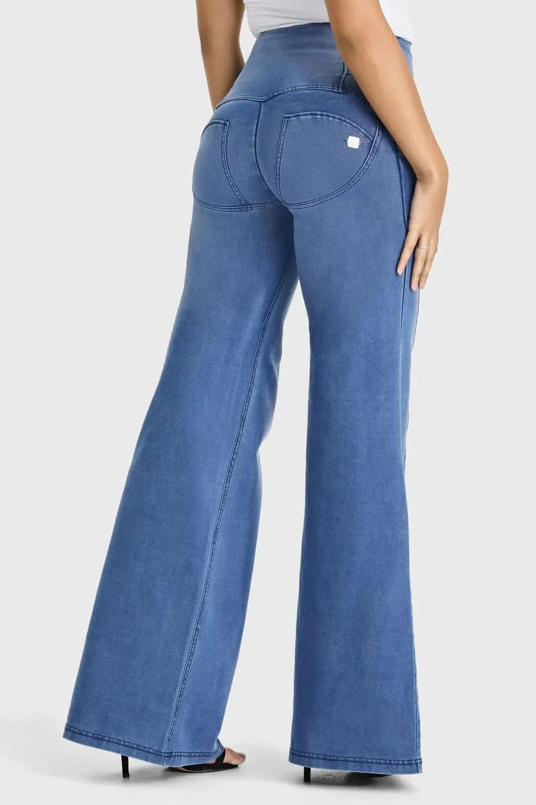 WRUP Denim - 3 Button High Waisted - Palazzo Flare - Light Blue + Blue Stitching - Image 3