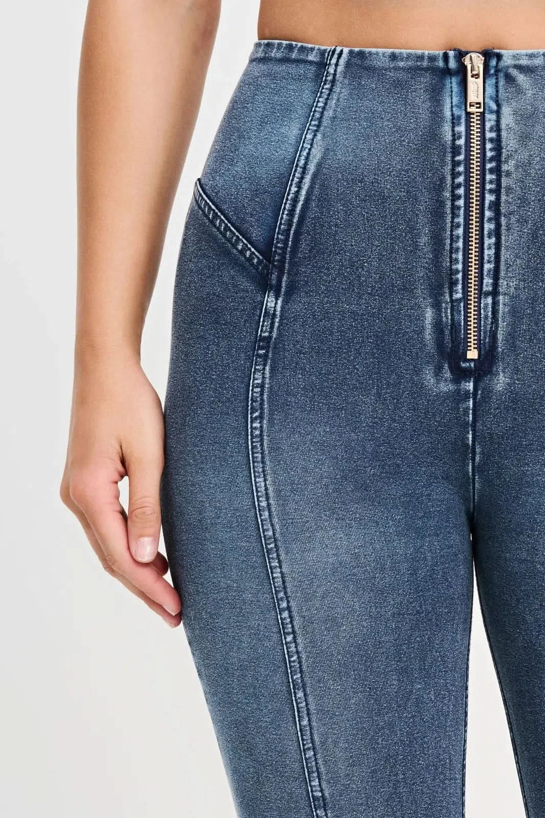 WRUP Denim with Feature Seam - High Waisted - 7/8 Length - Vintage Blue + Blue Stitching - Image 10