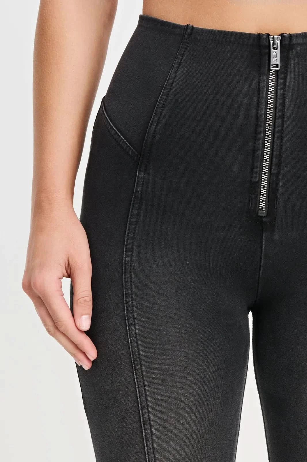 WRUP Denim with Feature Seam - High Waisted - Bell Bottom Flare - Black + Black Stitching - Image 6