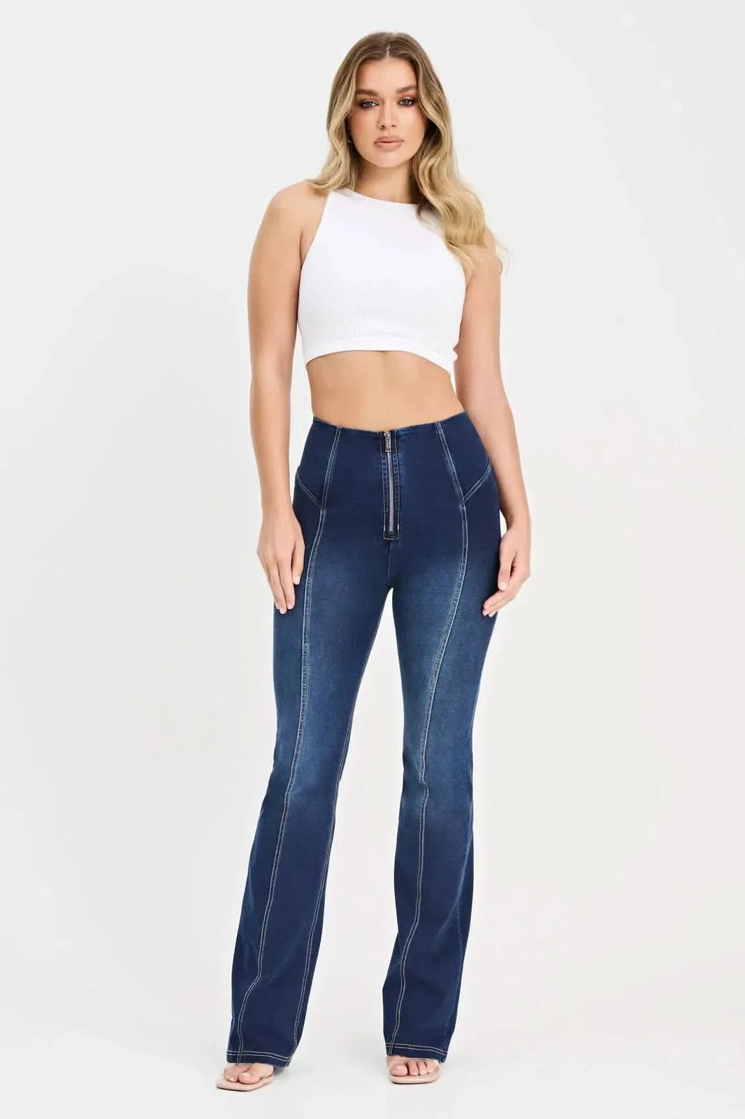 WRUP Denim with Feature Seam - High Waisted - Bell Bottom Flare - Dark Blue + Beige Stitching - Image 4