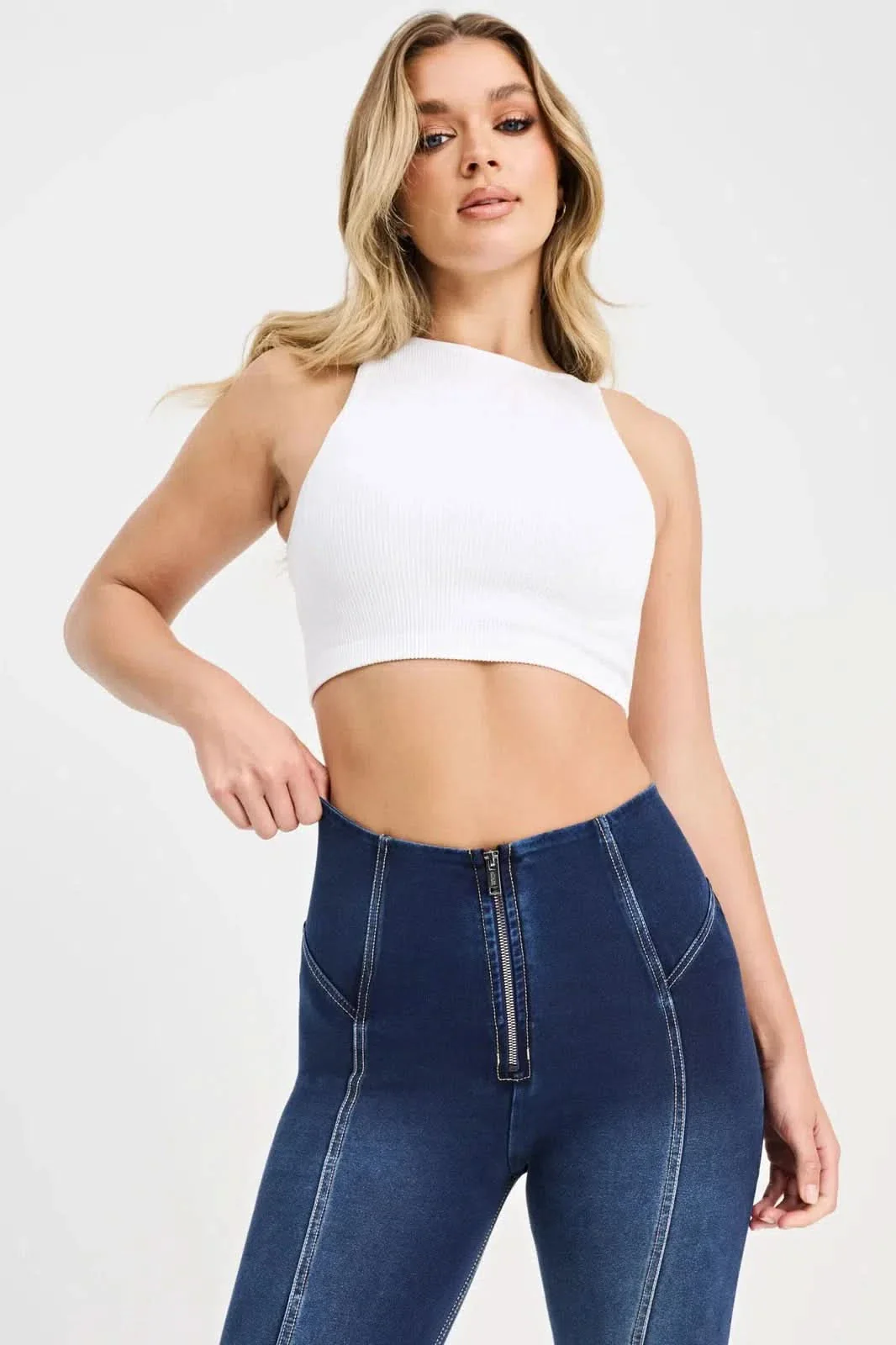 WRUP Denim with Feature Seam - High Waisted - Bell Bottom Flare - Dark Blue + Beige Stitching - Image 6
