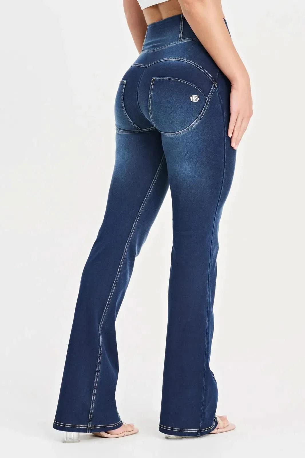 WRUP Denim with Feature Seam - High Waisted - Bell Bottom Flare - Dark Blue + Beige Stitching - Image 7