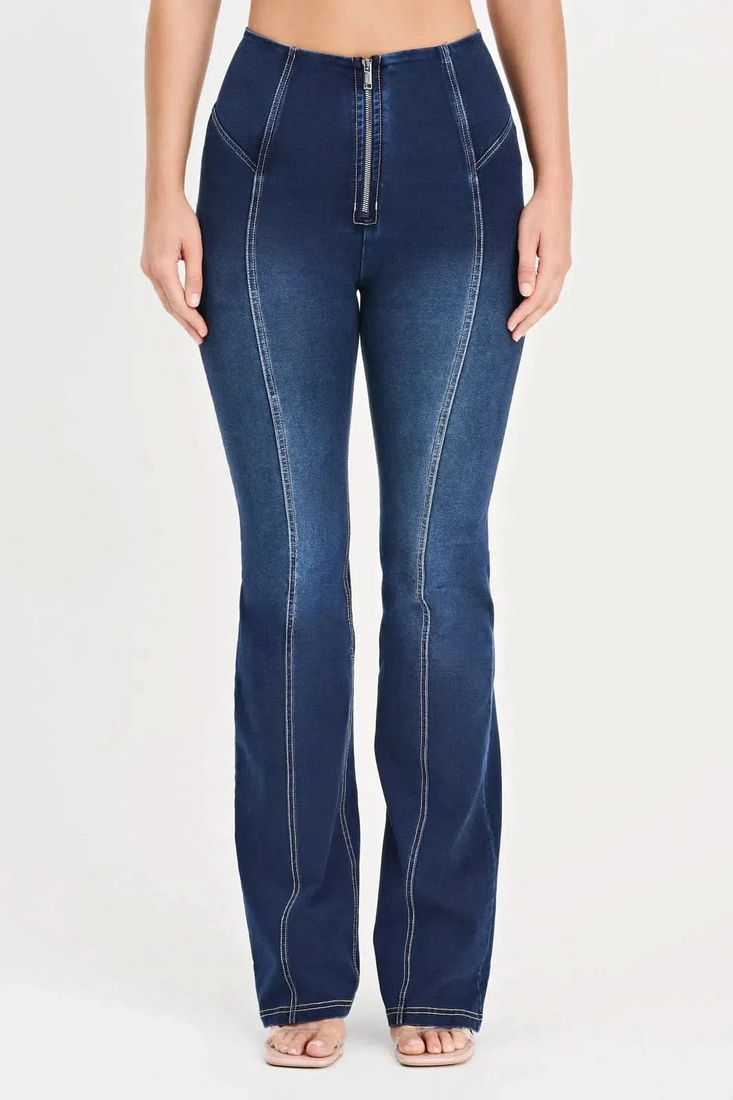 WRUP Denim with Feature Seam - High Waisted - Bell Bottom Flare - Dark Blue + Beige Stitching - Image 8