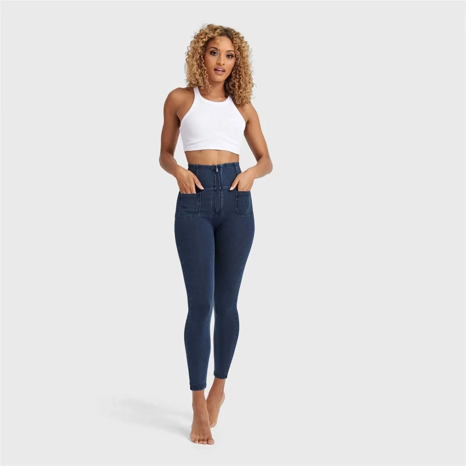 WRUP Denim With Front Pockets - Super High Waisted - 7/8 Length - Dark Blue + Blue Stitching - Image 11