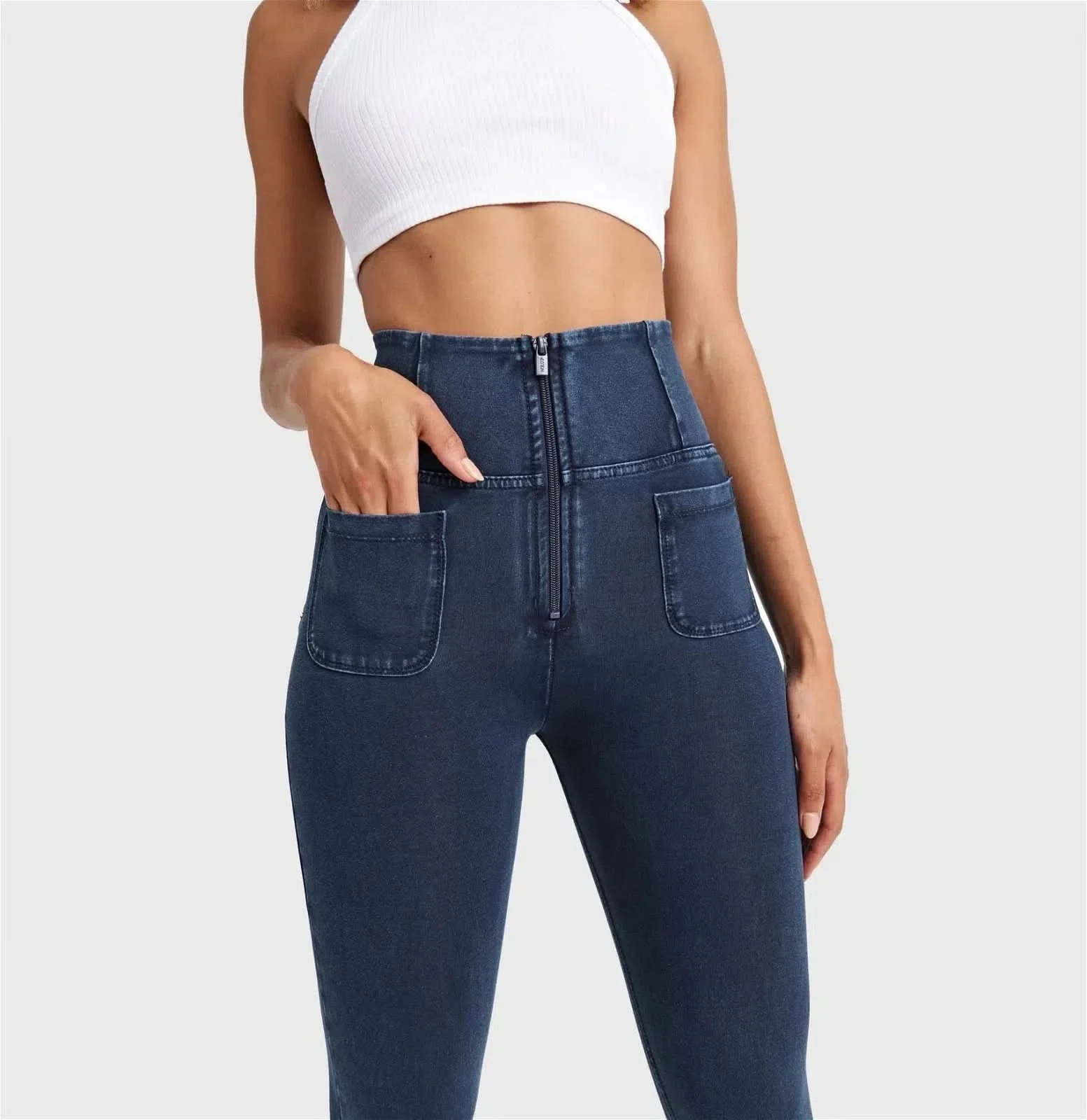 WRUP Denim With Front Pockets - Super High Waisted - 7/8 Length - Dark Blue + Blue Stitching - Image 12