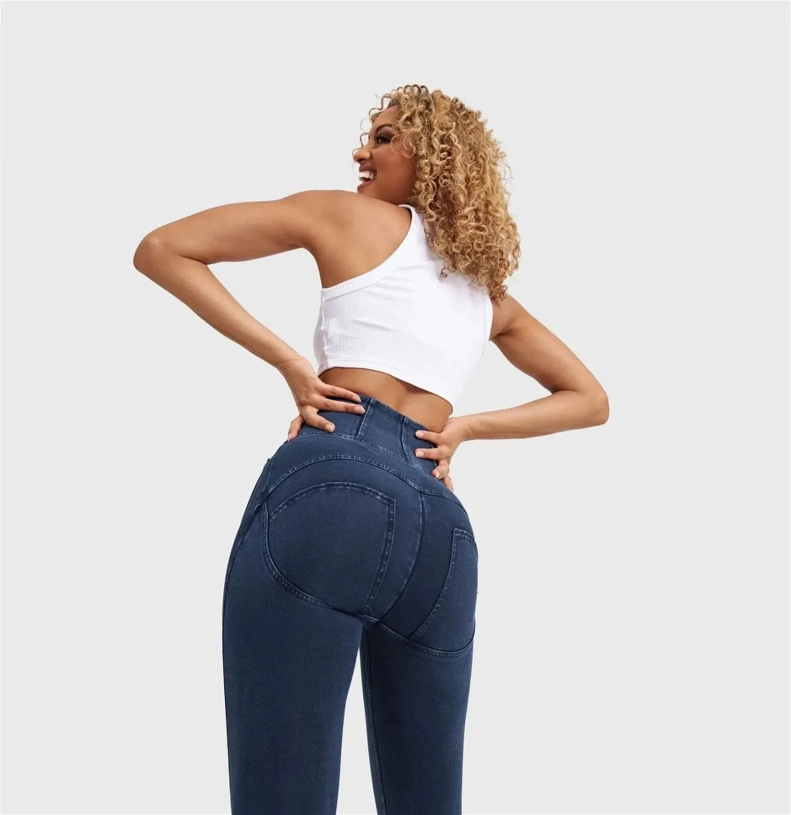 WRUP Denim With Front Pockets - Super High Waisted - 7/8 Length - Dark Blue + Blue Stitching - Image 7
