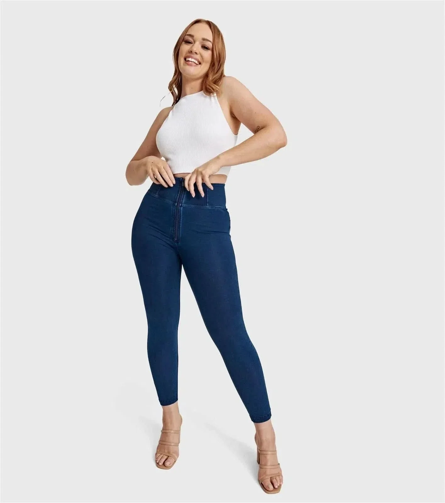WRUP Curvy Denim - Zip High Waisted - 7/8 Length - Dark Blue + Blue Stitching - Image 3