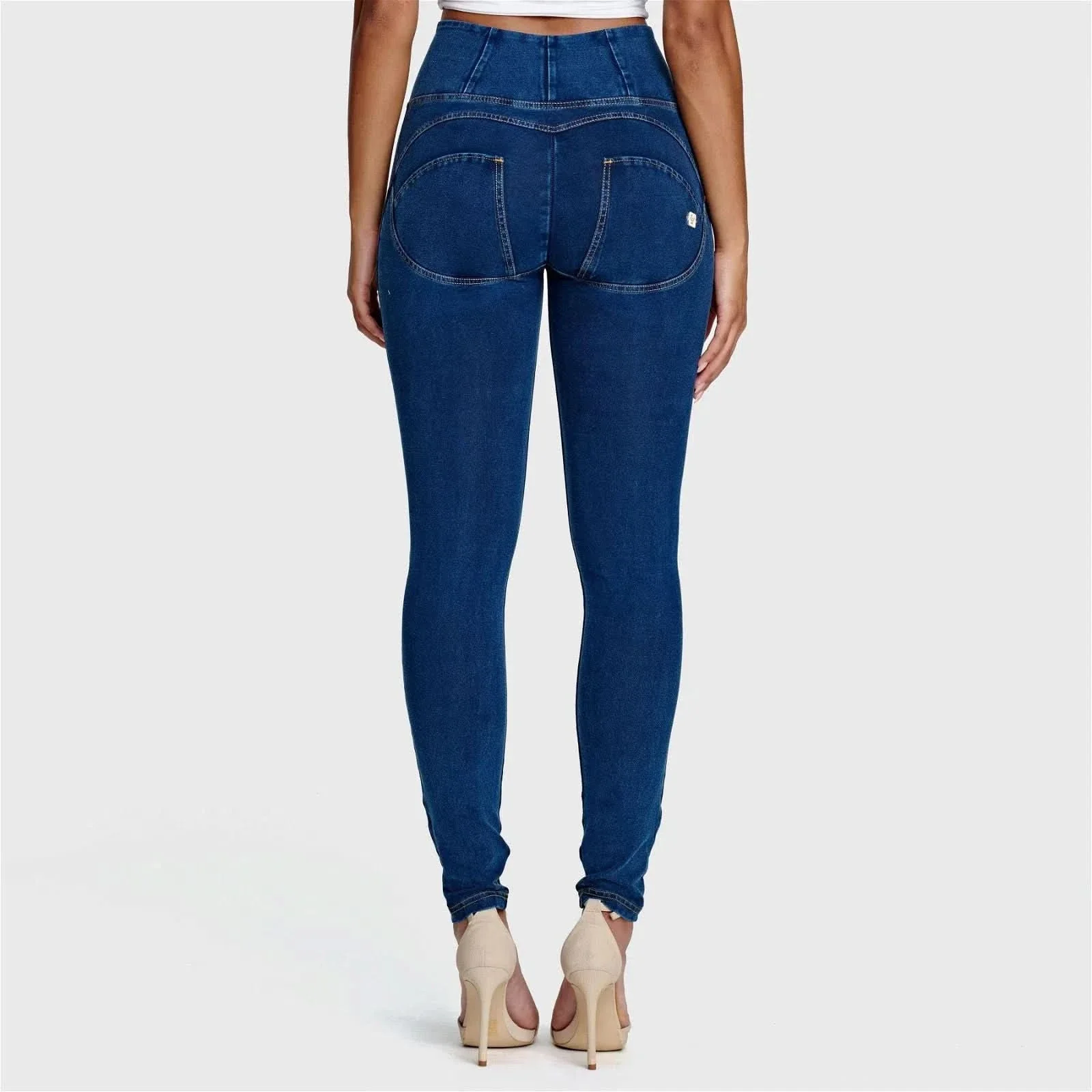WRUP Denim - High Waisted - Full Length - Dark Blue + Yellow Stitching - Image 5