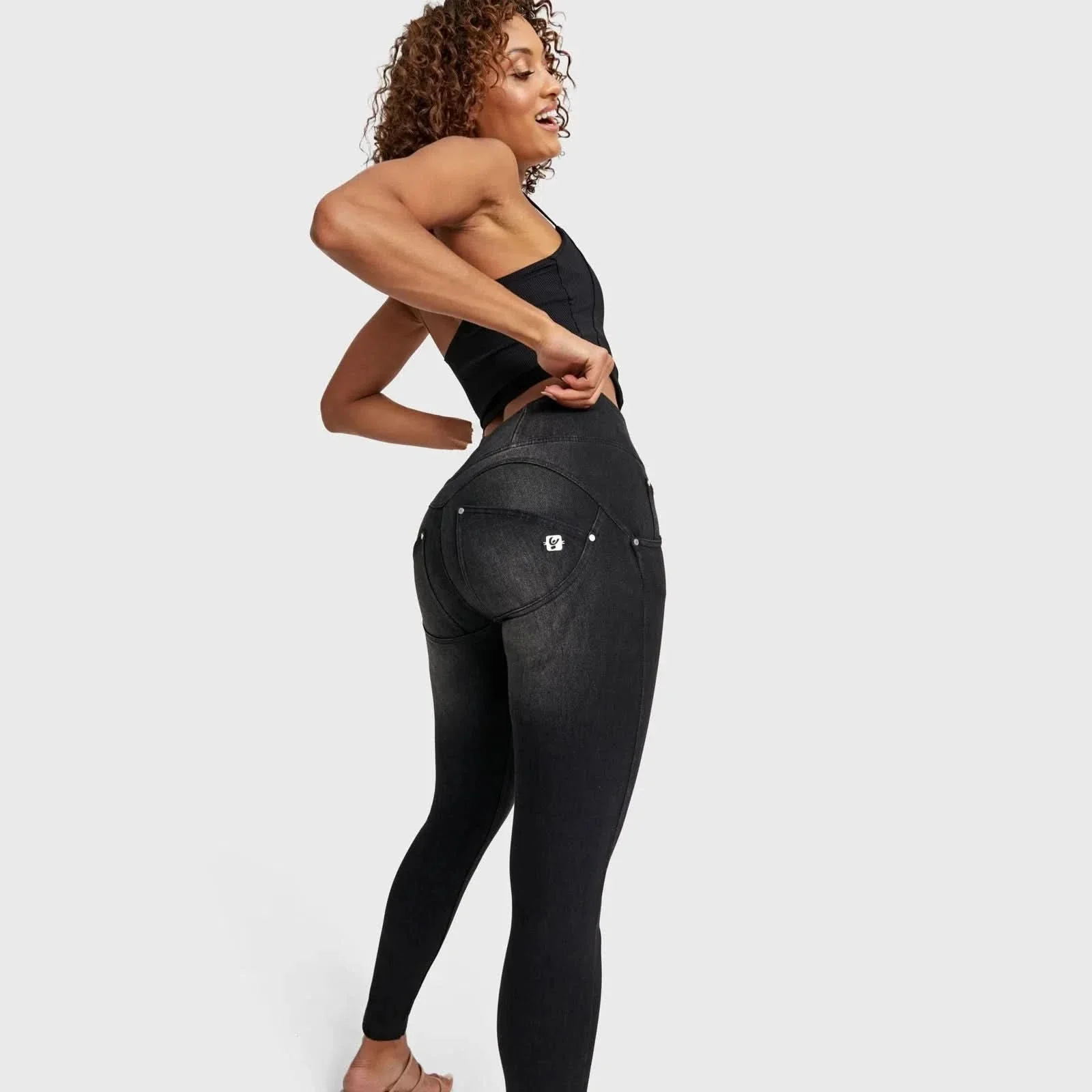 WRUP SNUG Distressed Jeans - High Waisted - Full Length - Black + Black Stitching - Image 9