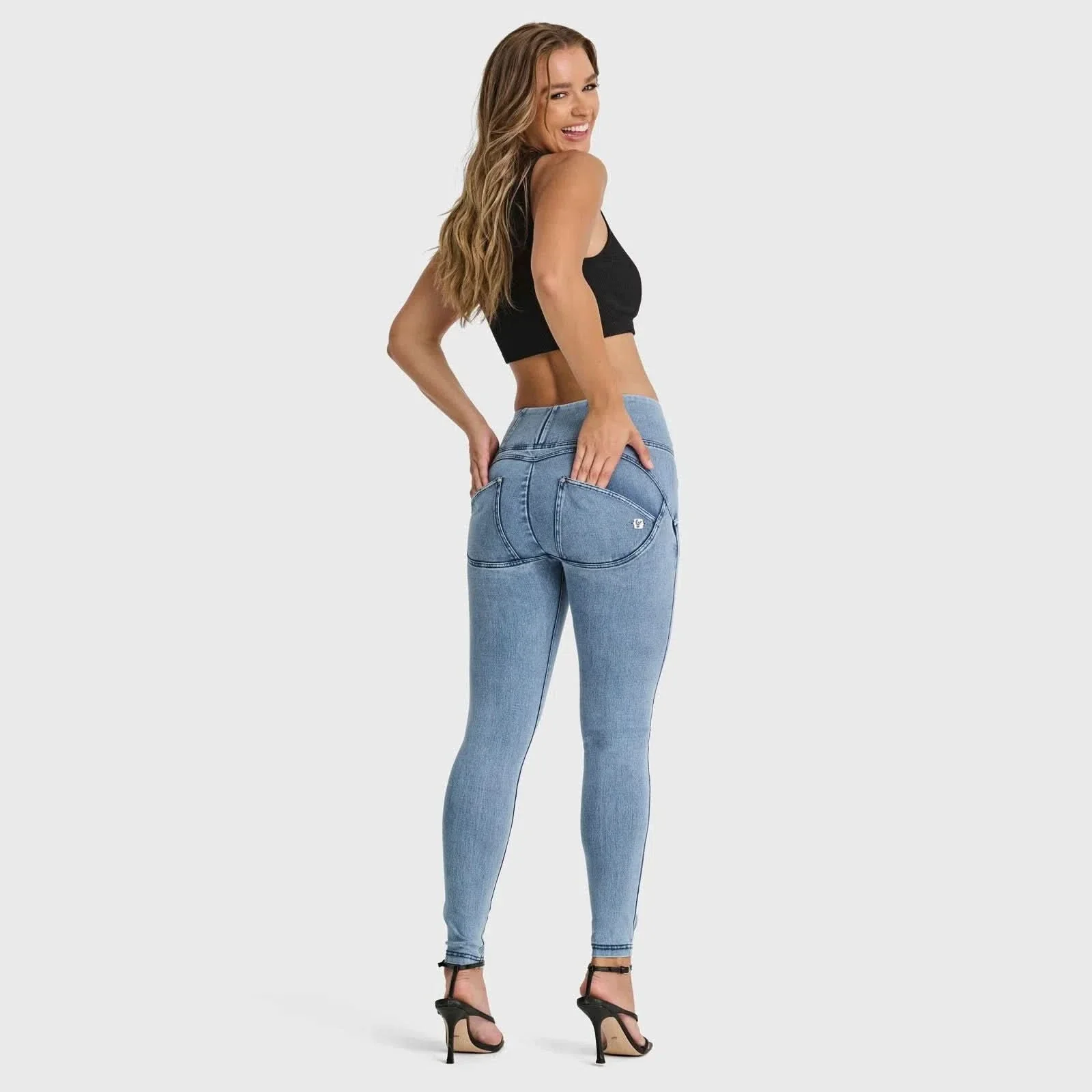 WRUP SNUG Distressed Jeans - High Waisted - Full Length - Light Blue + Blue Stitching - Image 3