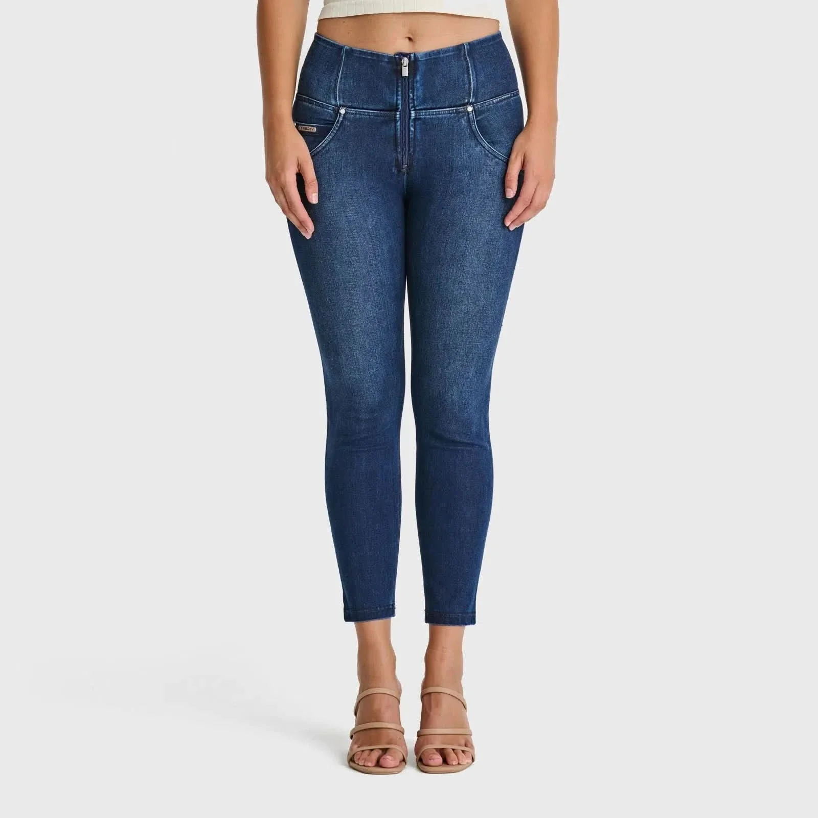 WRUP SNUG Jeans - High Waisted - 7/8 Length - Dark Blue + Blue Stitching - Image 2
