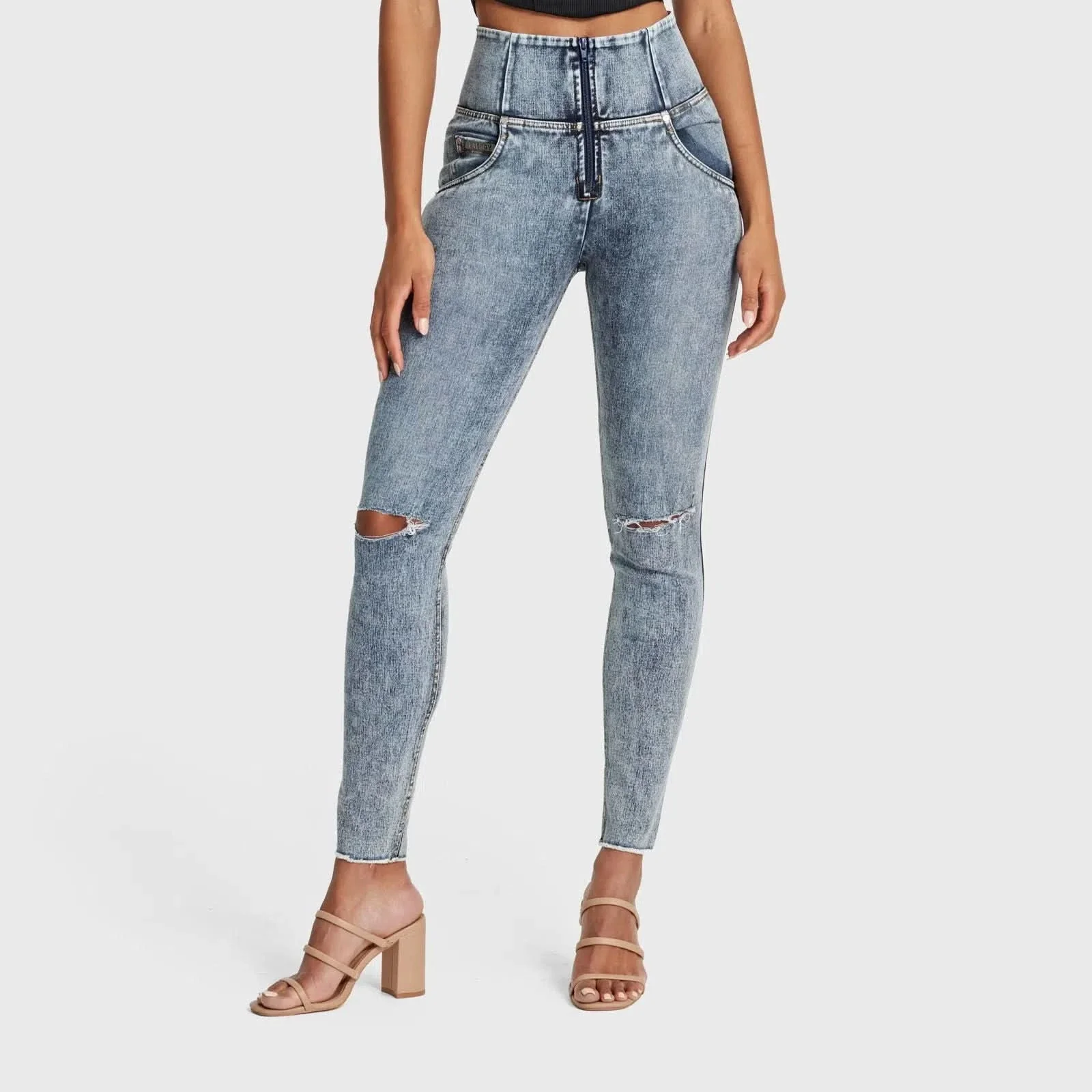 WRUP SNUG Ripped Jeans - High Waisted - Full Length - Blue Stonewash + Yellow Stitching - Image 4