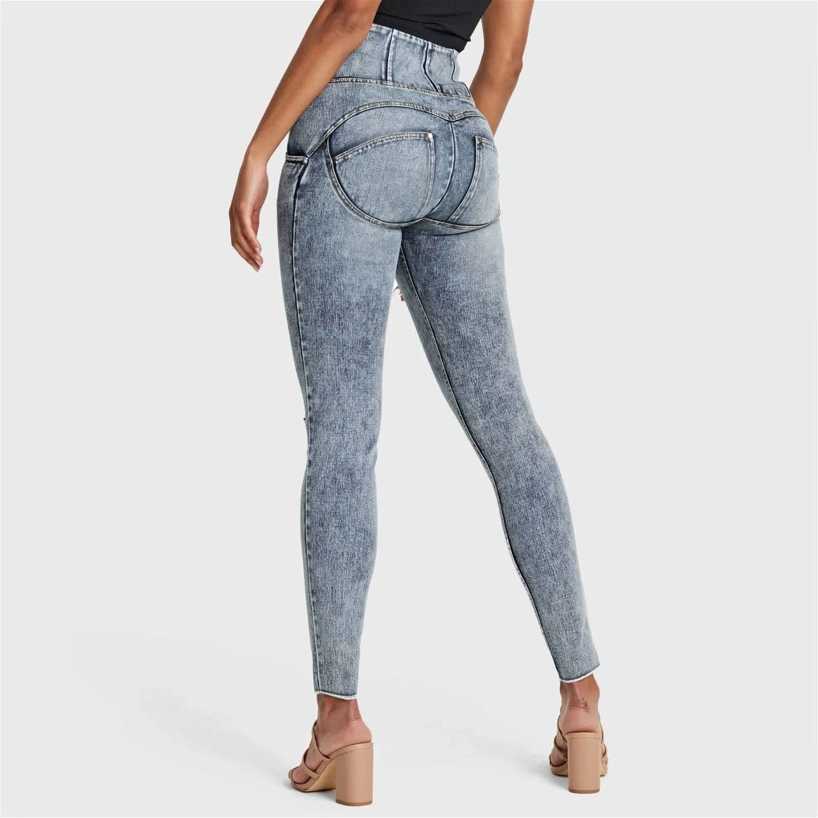 WRUP SNUG Ripped Jeans - High Waisted - Full Length - Blue Stonewash + Yellow Stitching - Image 5