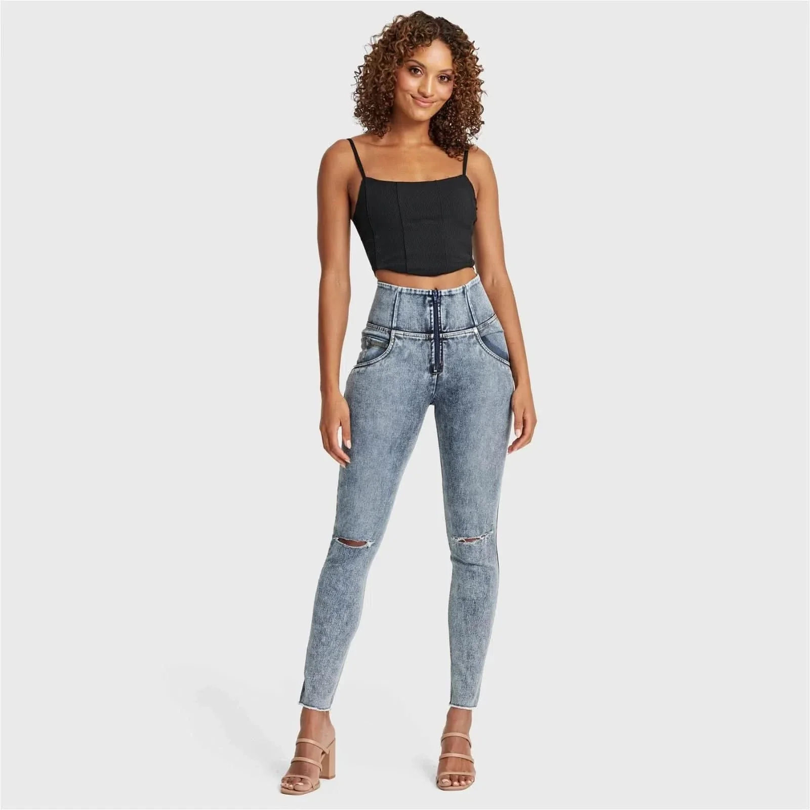 WRUP SNUG Ripped Jeans - High Waisted - Full Length - Blue Stonewash + Yellow Stitching - Image 6