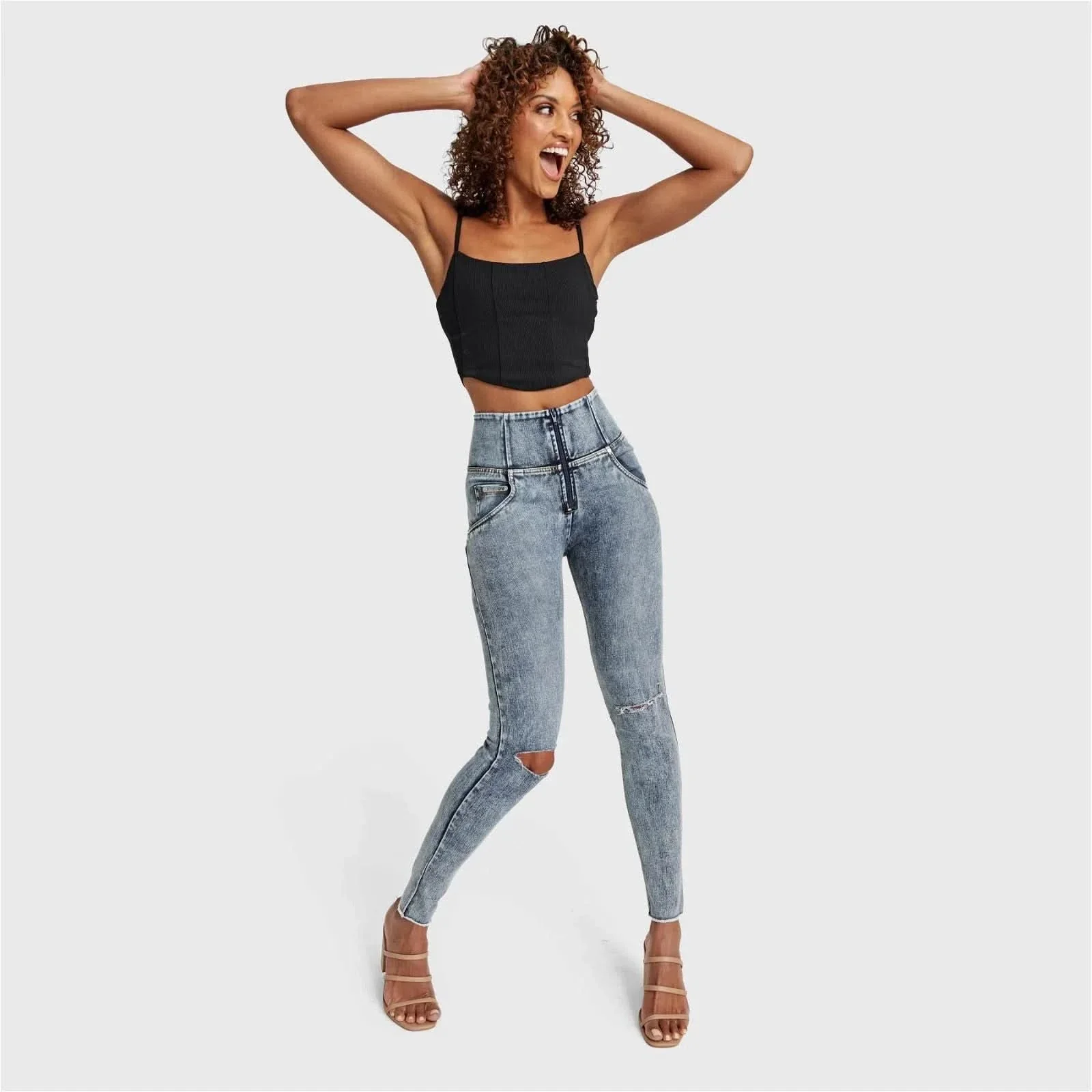 WRUP SNUG Ripped Jeans - High Waisted - Full Length - Blue Stonewash + Yellow Stitching - Image 8
