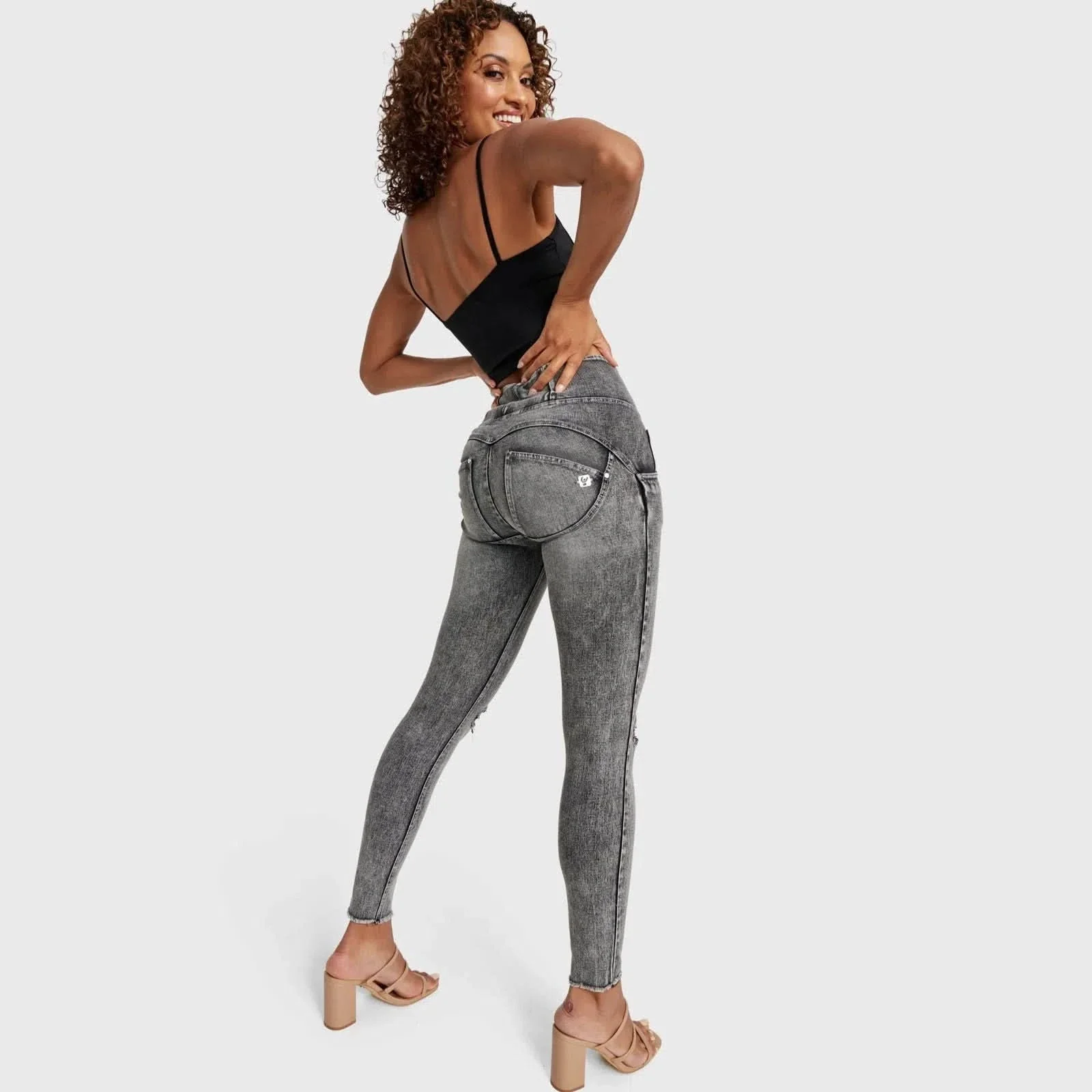 WRUP SNUG Ripped Jeans - High Waisted - Full Length - Grey Stonewash + Grey Stitching - Image 12