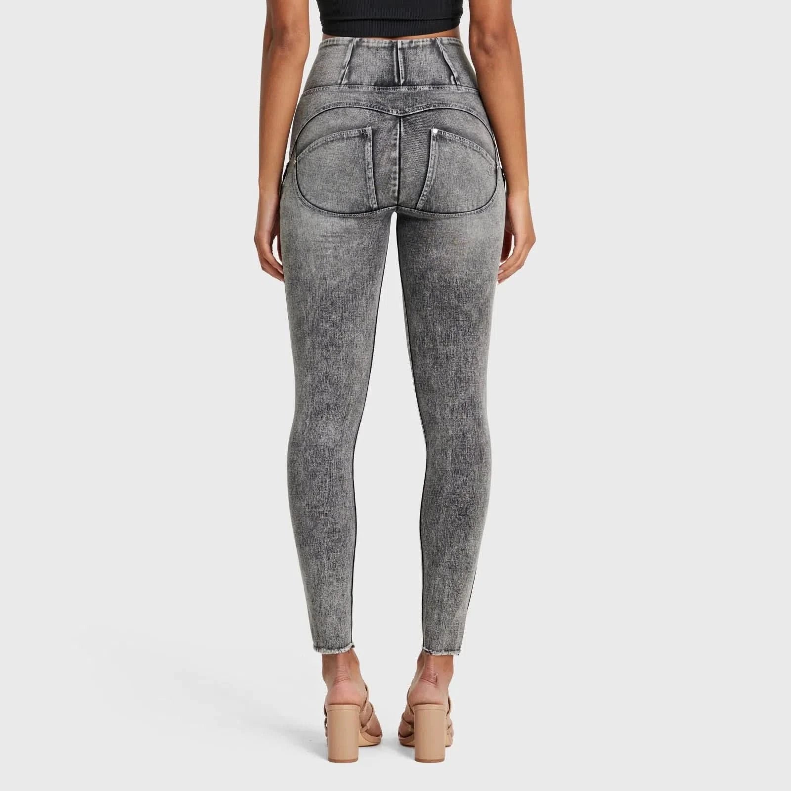 WRUP SNUG Ripped Jeans - High Waisted - Full Length - Grey Stonewash + Grey Stitching - Image 3