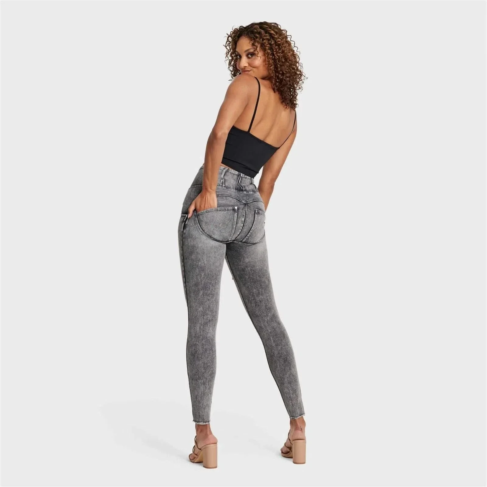 WRUP SNUG Ripped Jeans - High Waisted - Full Length - Grey Stonewash + Grey Stitching - Image 6