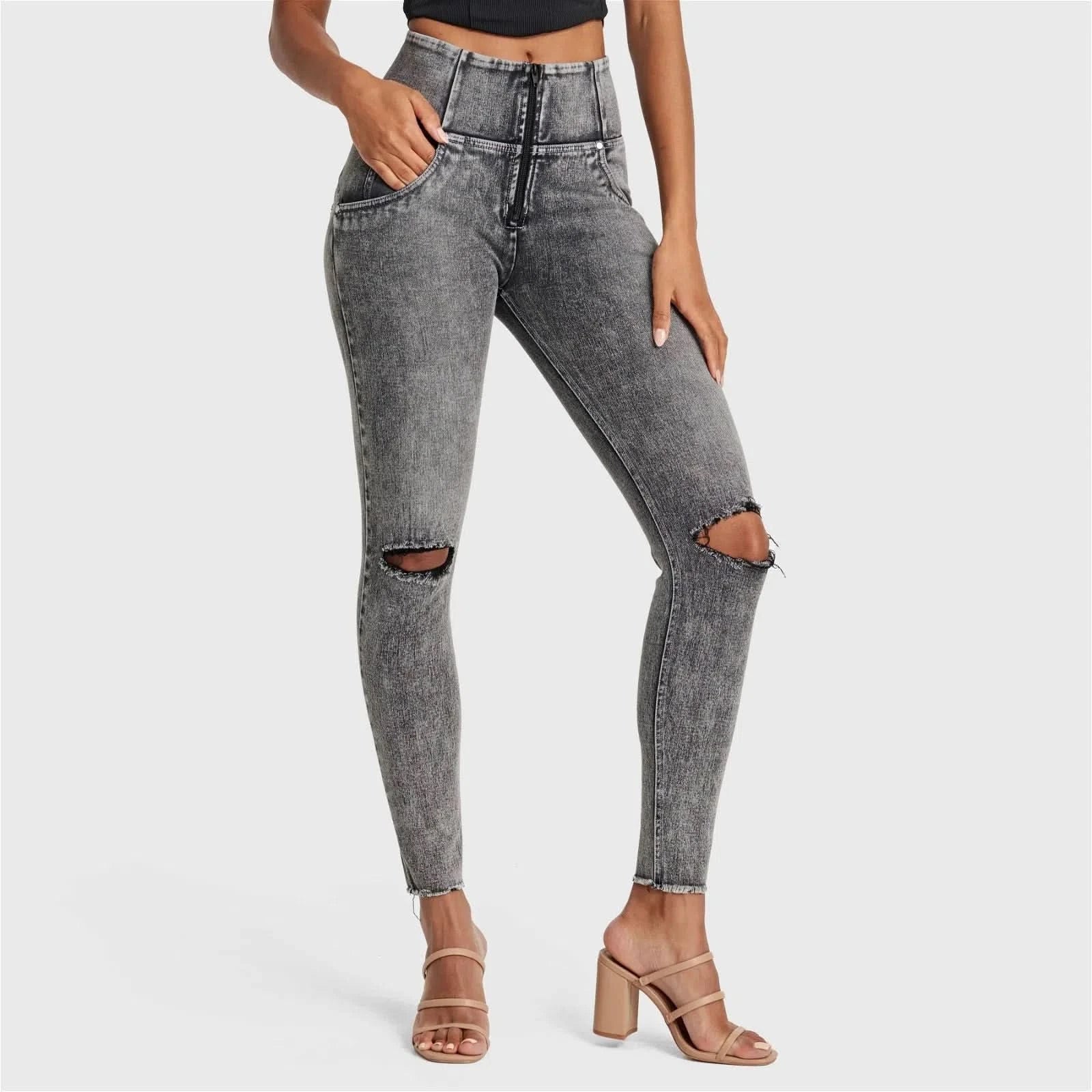 WRUP SNUG Ripped Jeans - High Waisted - Full Length - Grey Stonewash + Grey Stitching - Image 8