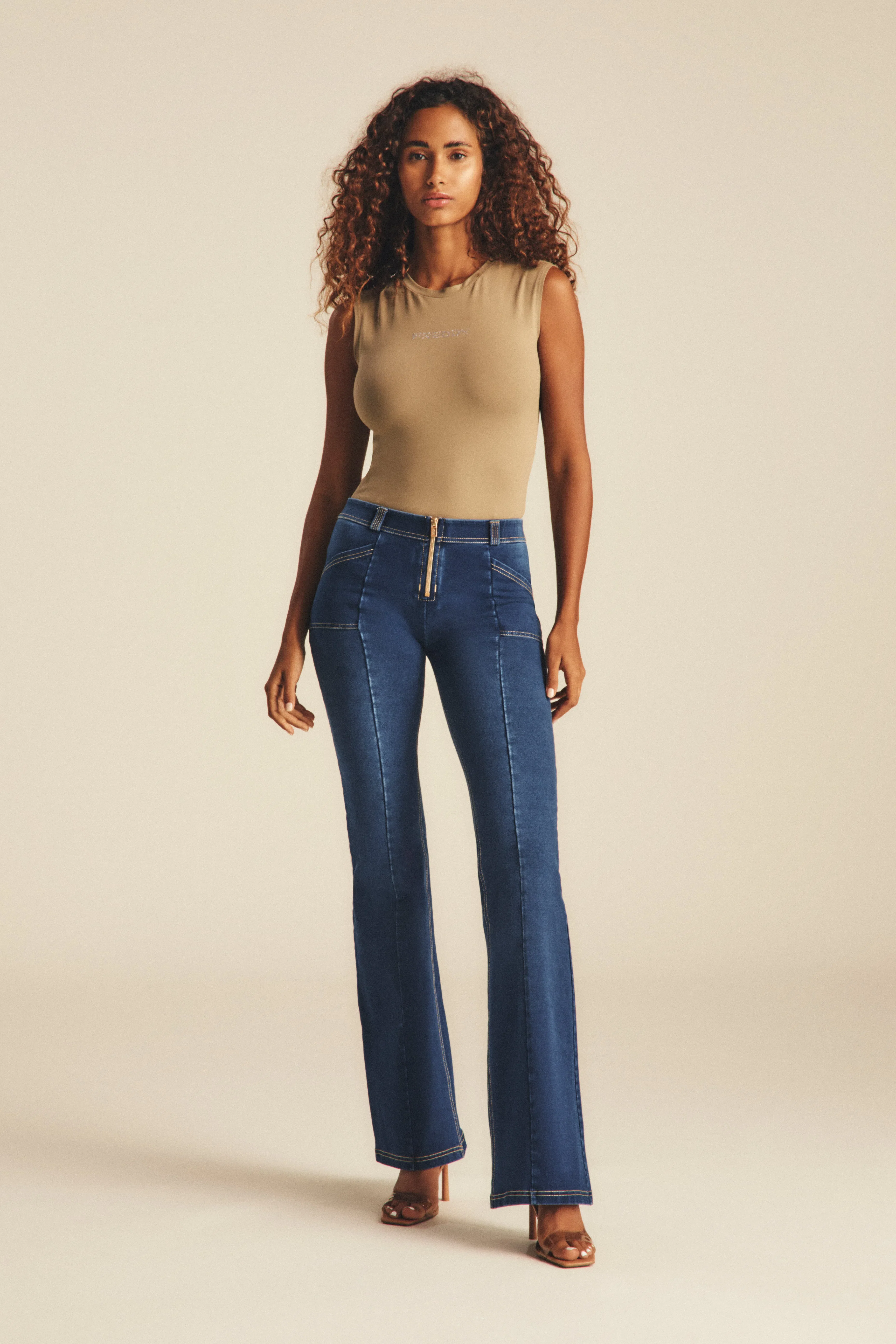 WRUP Denim with Gold Zip - Mid Rise - Flare - Dark Blue + Beige Stitching