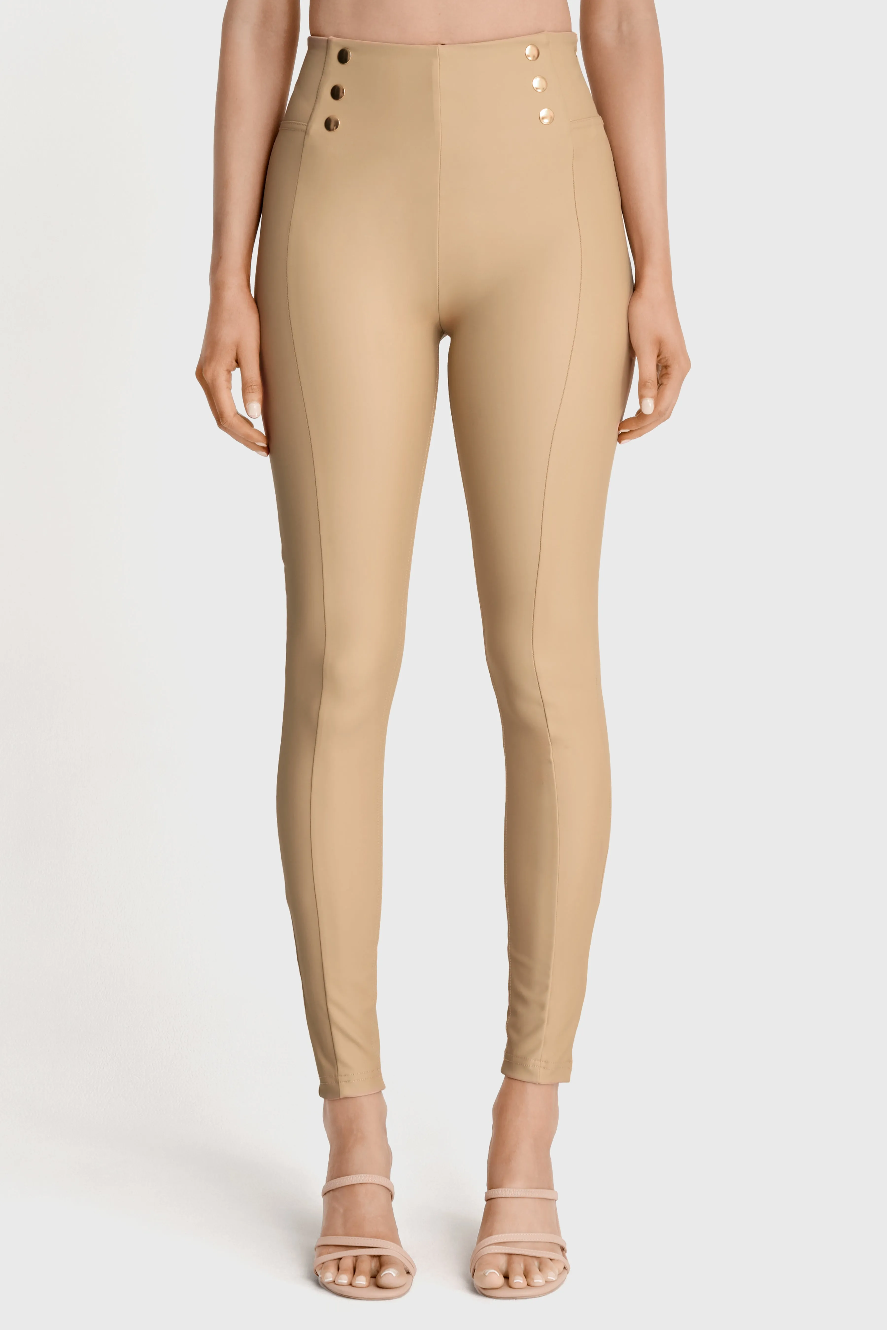 WRUP Faux Leather with Button Detail - Super High Waisted - Full Length - Sand - Image 5