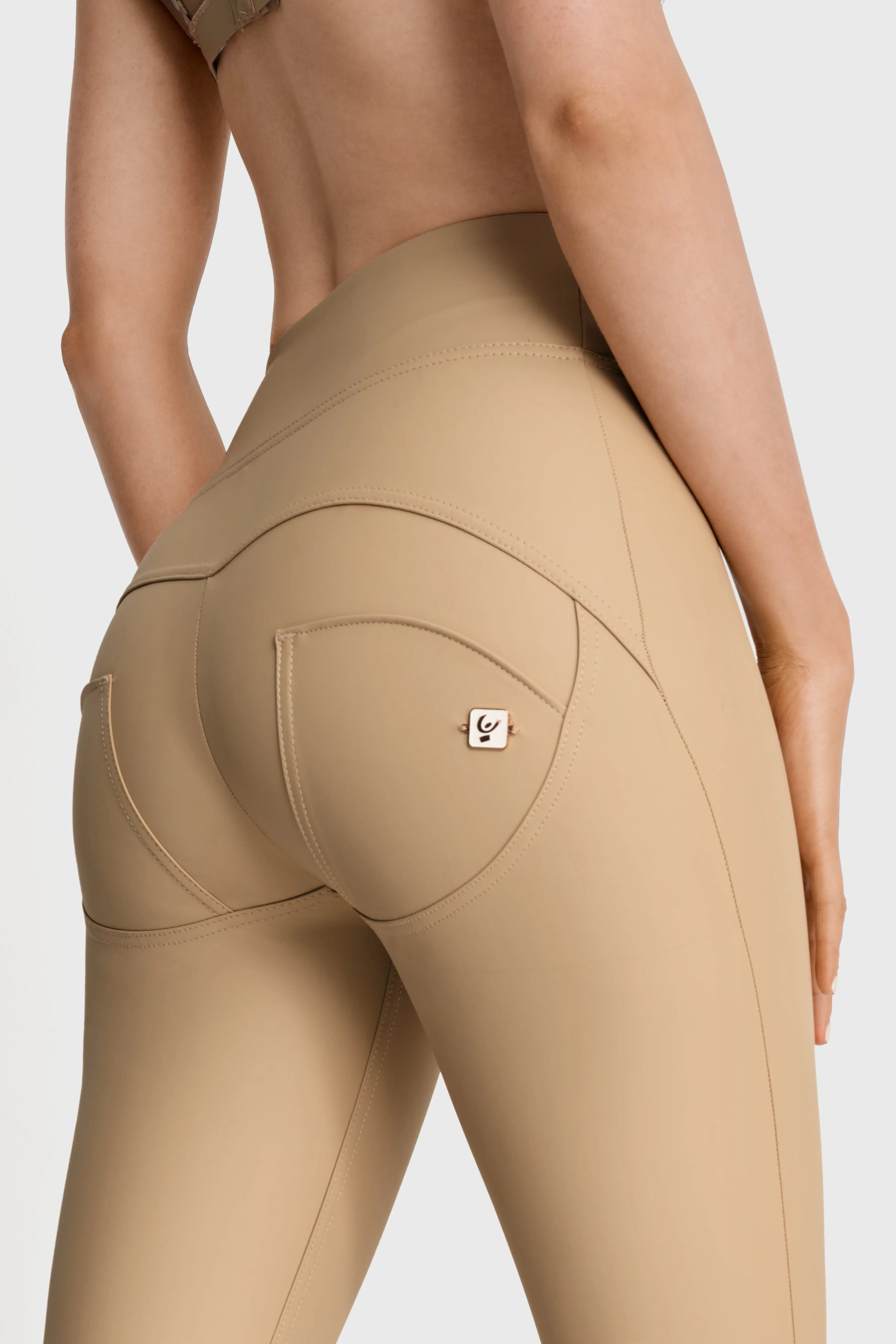 WRUP Faux Leather with Button Detail - Super High Waisted - Full Length - Sand - Image 6
